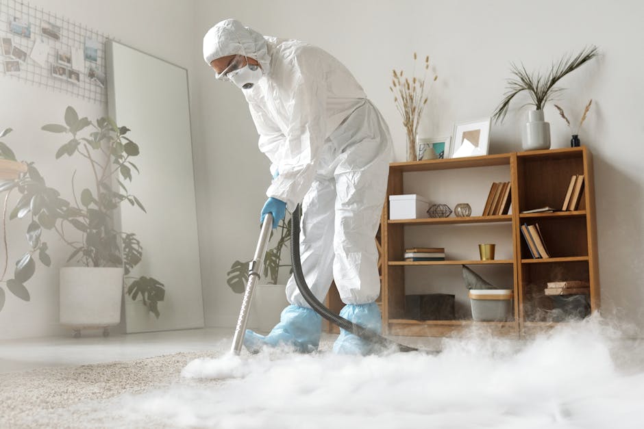 A professional cleaner dressed in full protective white coveralls, including a hood, mask, and gloves, is performing steam cleaning or surface sanitisation of a beige carpet in a well-lit, modern living room. The cleaner is using a vacuum or cleaning machine with a hose attachment, which is emitting steam or cleaning vapor onto the carpet. The room features a white wall with decorative plants and artwork, a wooden bookshelf with books and ornamental items, and natural light coming through, suggesting a tidy, domestic setting. Carpet Cleaning Harringay specializes in deep cleaning and sanitisation services for residential spaces, ensuring thorough hygiene and surface cleanliness.